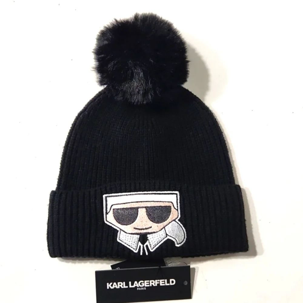 NWT Karl Lagerfeld Black Rhinestone Faux Fur Pom-Pom Beanie